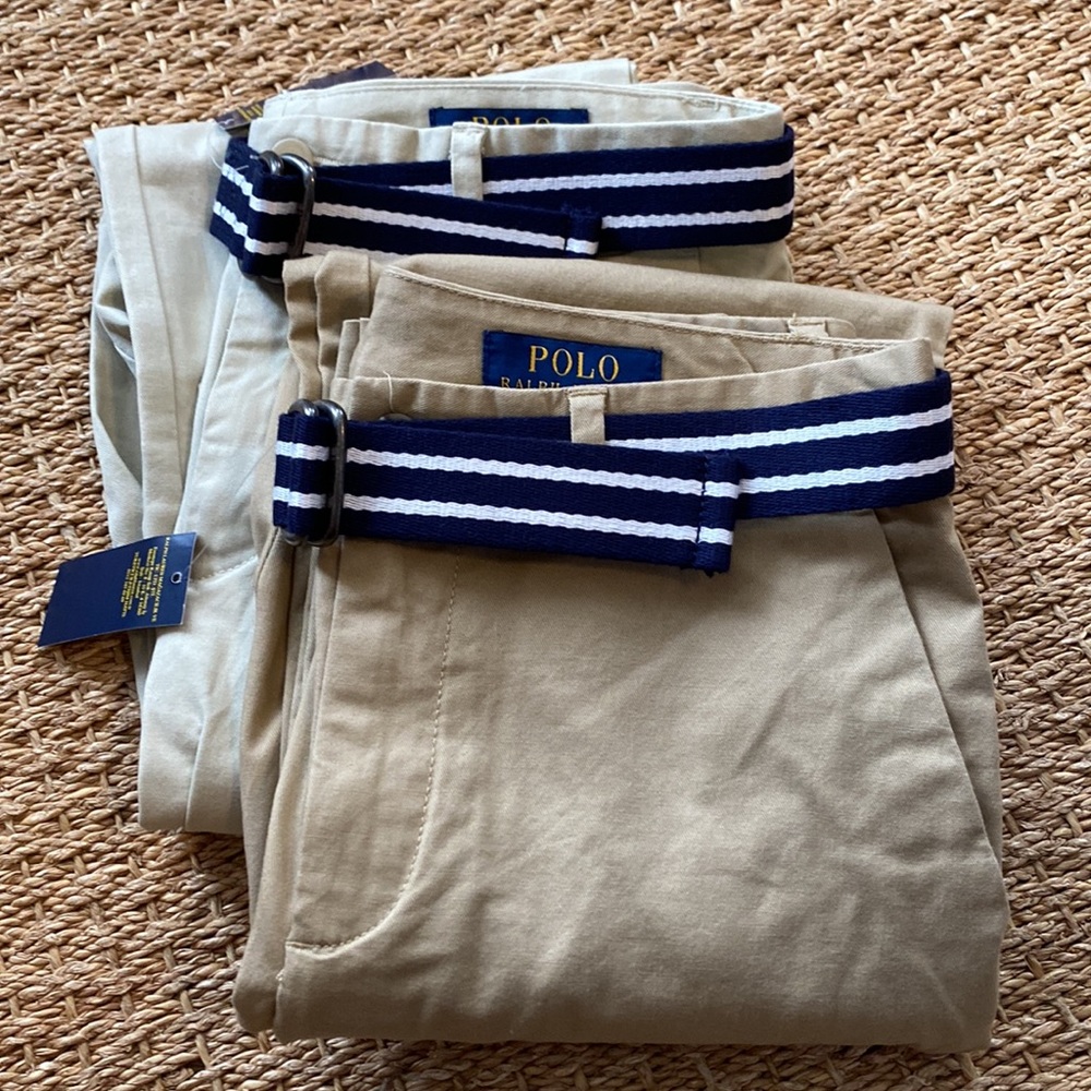 Lot of 2 Polo khaki pants with belt boys size 14 NWT (one light, one med color)